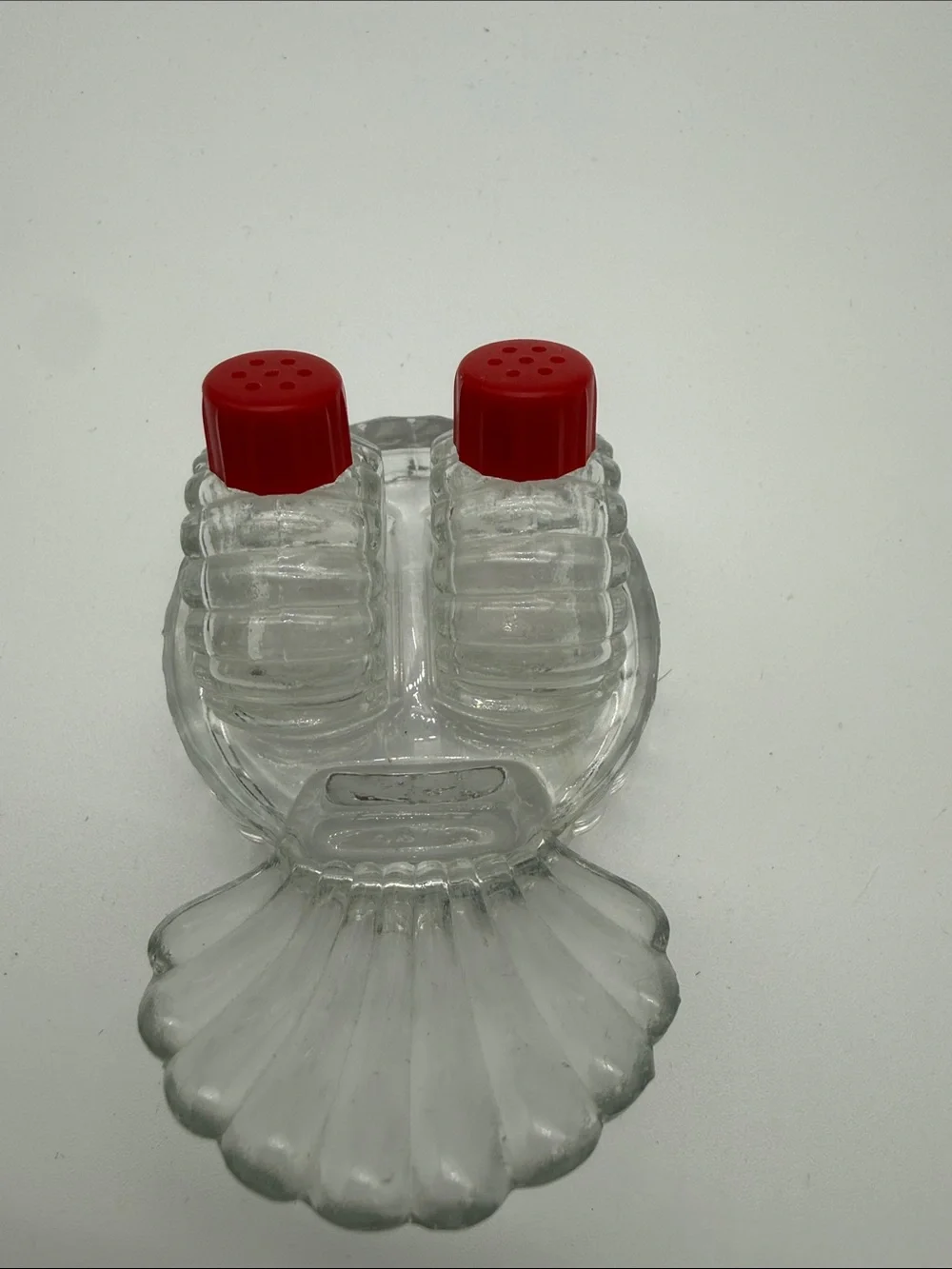 Vintage Glass Shell Salt & Pepper Shakers Condiment Set Red Tops
